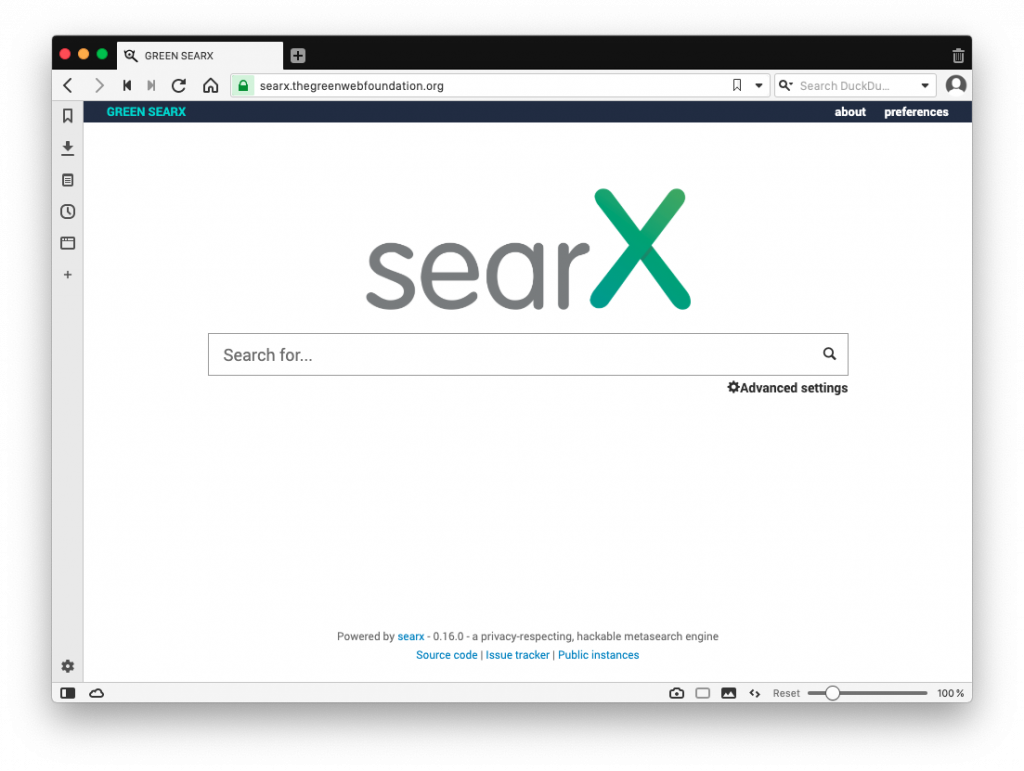 Screen shot of Searx, hosted by the green web foundation.