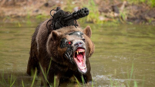 A threatening bear with machine gun and laser eye