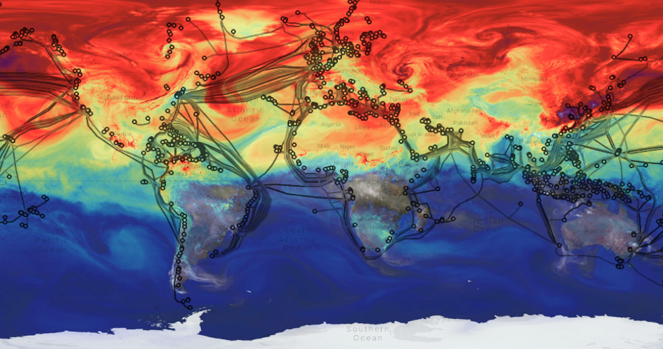 Collage of internet submarine cables map over NASA's greenhouse gas visualization. Higher concentrations are in red above the equator.