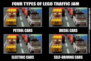 Four types of lego traffic jam: petrol cars, diesel cars, electric cars and self-driving cars