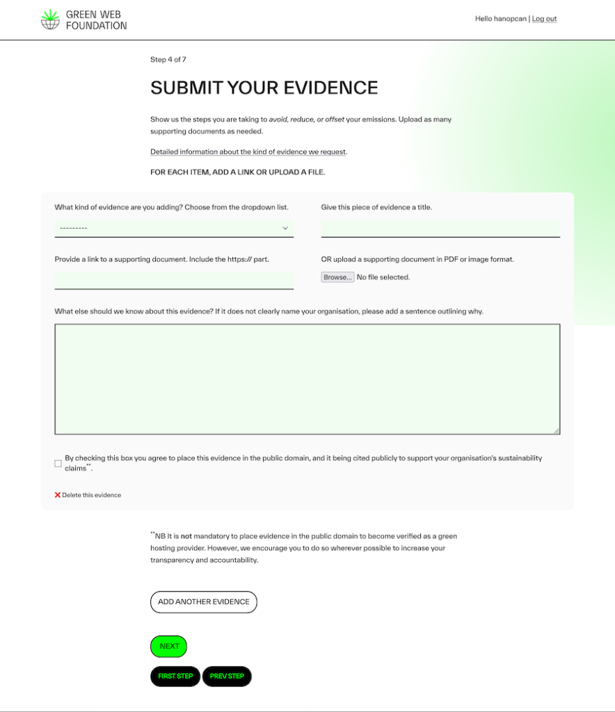 A screenshot of step 4 of the new Green Web Foundation verification process, titled "Submit your evidence"