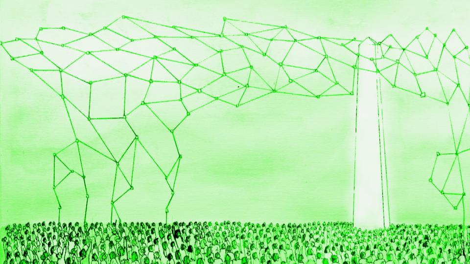 The picture uses the metaphor of an ivory tower to show where decision making is done, with a representation of a neural network coming out of it, above a crowd of people's heads (shown in green to symbolise grass roots). Some of them are reaching up to try and take some control and pull the net down to them, but the image can also be read as AI targeting and some of them.