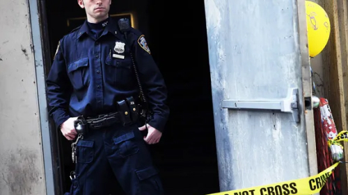 Police officer standing in a door with hand on his belt