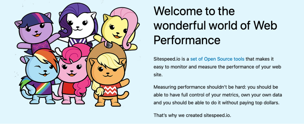 Screenshot of the front page of sitespeed, showing the cute cats and explaining what it is