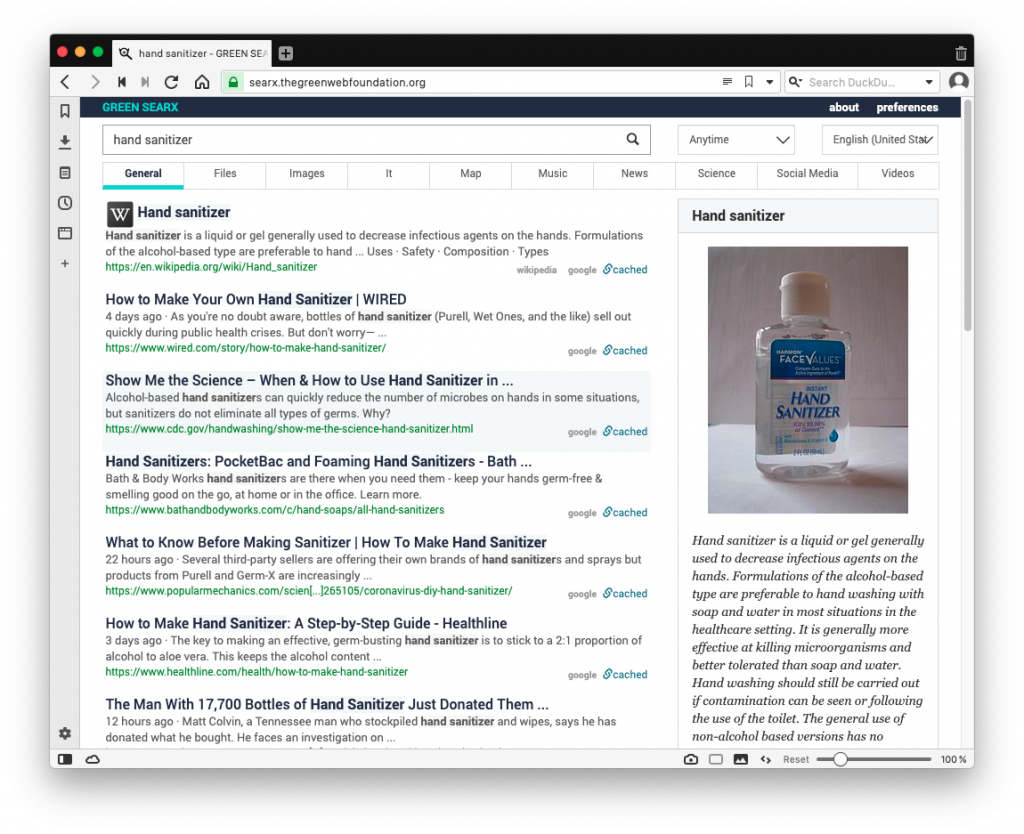 Searx results for hand sanitizer, showing information from wikipeda and other sources