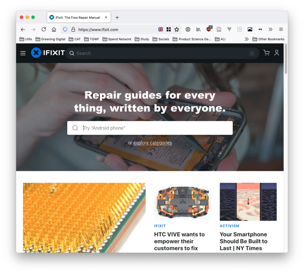 Screenshot of the ifixit website - with a search box, and "repair guides for everything, written by everyone"