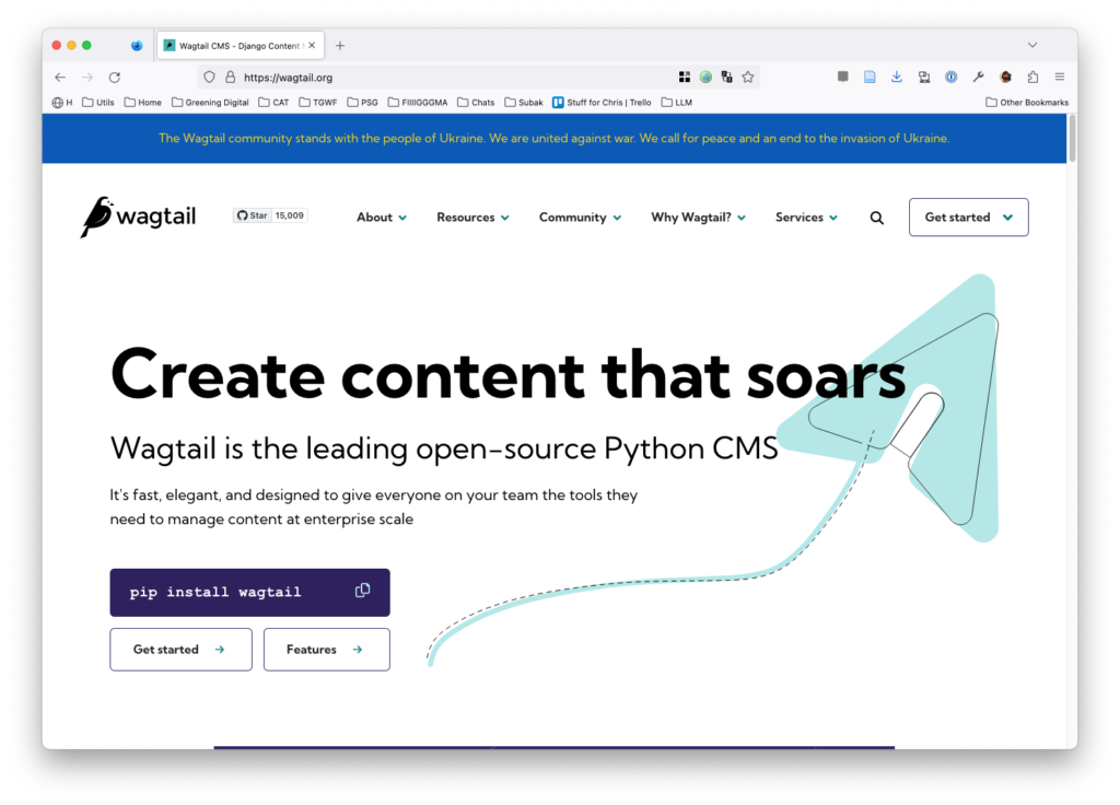 A screenshot of the home page of the wagtail project, showing it as the leading open source python CMS