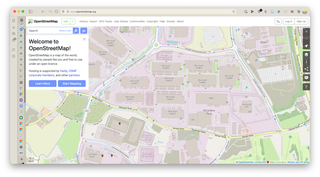 A screenshot of openstreetmap, showing Open Street Map, and most of the buildings that make up Microsoft's northeurope cloud region in West Dublin, Ireland