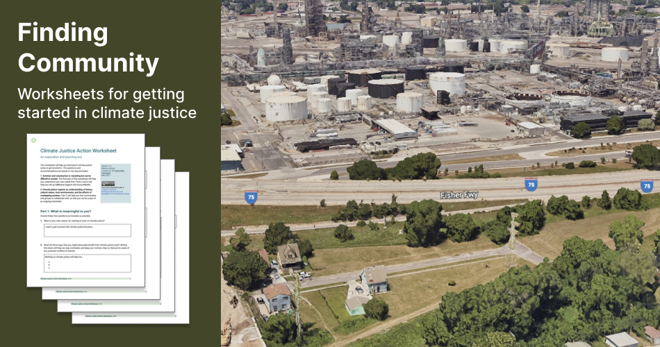 Thumbnail for Finding Community worksheets. Includes aerial photo of Detroit homes next to a highway and a refinery.