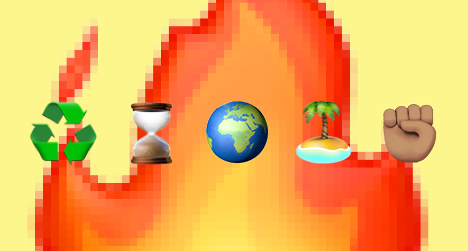 recycle, hourglass, world, island, and fist emojis in front of a fire emoji