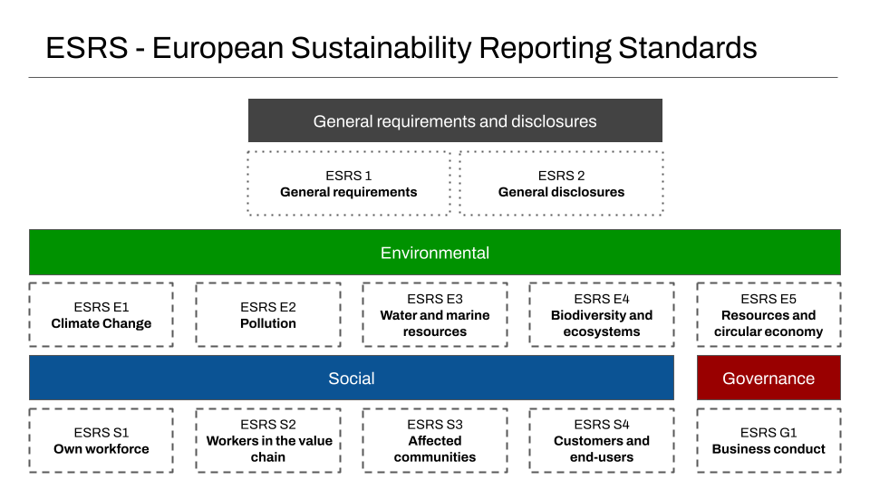 A table listing all the different ESRS standards, grouped:<br><br>Environmental (ESRS E1 Climate Change, ESRS E2 Pollution, ESRS E3 Water and marine resources, ESRS E4 Biodiversity and ecosystems, and ESRS E5 Resources and circular Economy)<br>Social (ESRS S2 Own workforce, ESRS S2 Workers in Value Chain, ESRS S3 Affected communities, and ESRS S4 Customers and End Users), and <br>Governance (ESRS G1 Business Conduct)