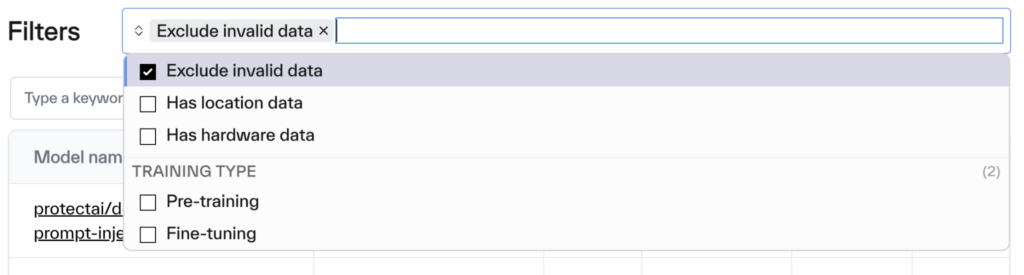 A zoomed in view of the filters on the AI Model Sustainability Directory web page. The filters show "Exclude invalid data" as selected, with other filter options being "has location data", "has hardware data", "pre-training", "fine-tuning".