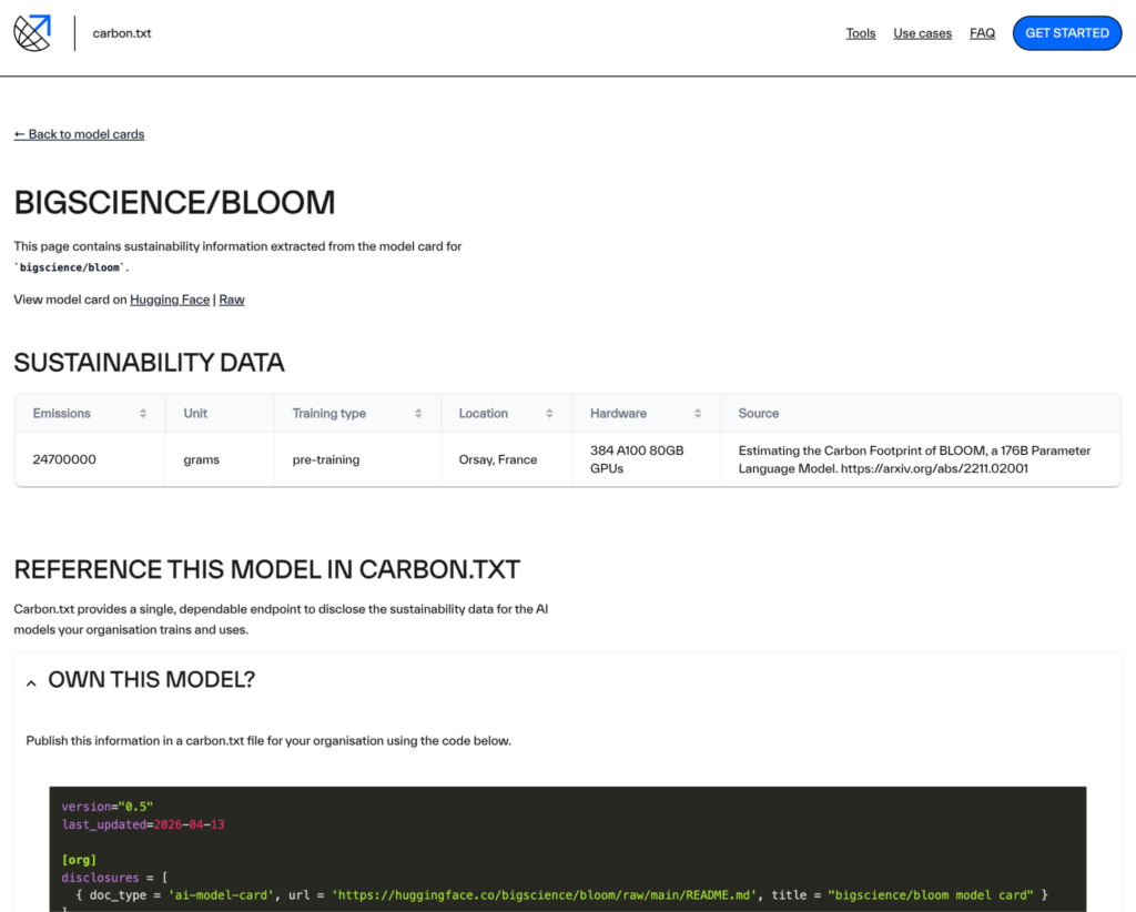 A screenshot of the bigscience/bloom page in the AI Model Sustainability Directory. The page show links back to the Hugging Face model card, a table with sustainability data, and a code snippet for referencing the model in carbon.txt